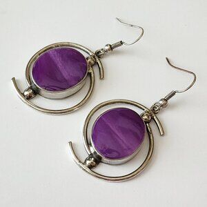 Vintage Large Sterling Silver Earrings Mexico Dangle Drop Purple Glass Stone